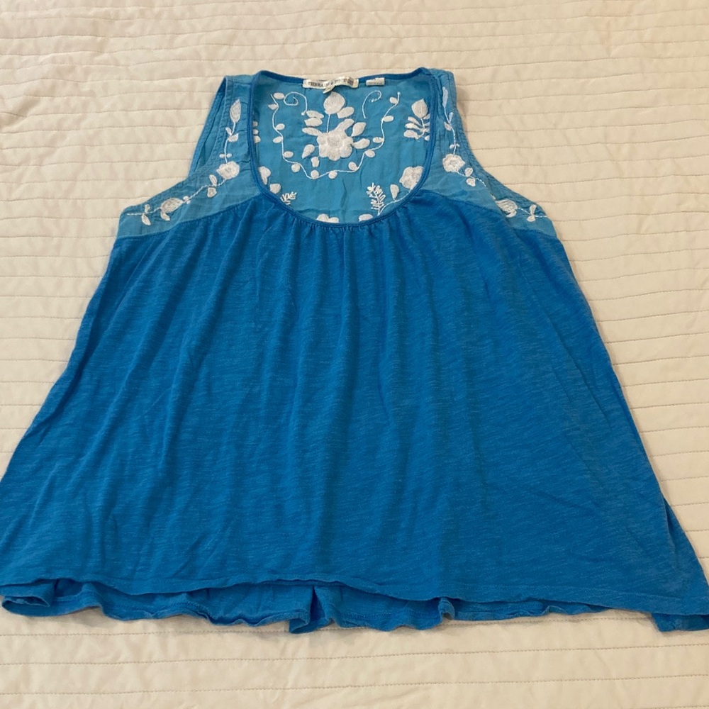 Threads 4 Thought Blue Tank Top with White Floral Embroidery